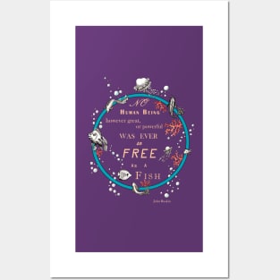 Inspirational quote from a Victorian philosopher on freedom and fish. Blue, beige and grey-blue design. Posters and Art